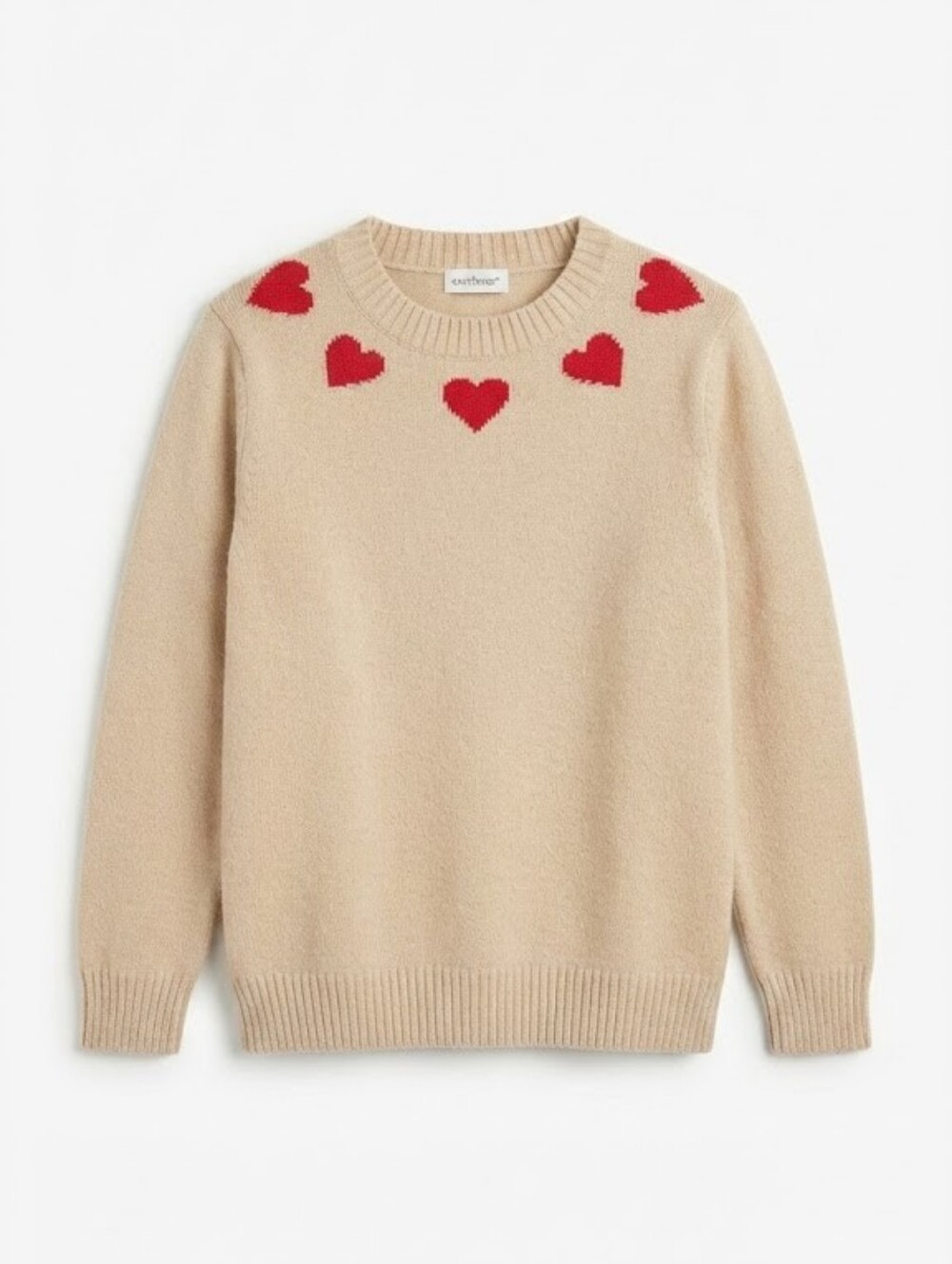 Andthewhy Women's Beige Knit Sweater Size M/L Red Heart Pattern Crewneck